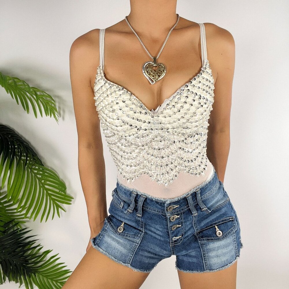 Y2K Windsor White Rhinestone Pearl Beaded Embellished Bodysuit XS - NWT - Picture 3 of 7